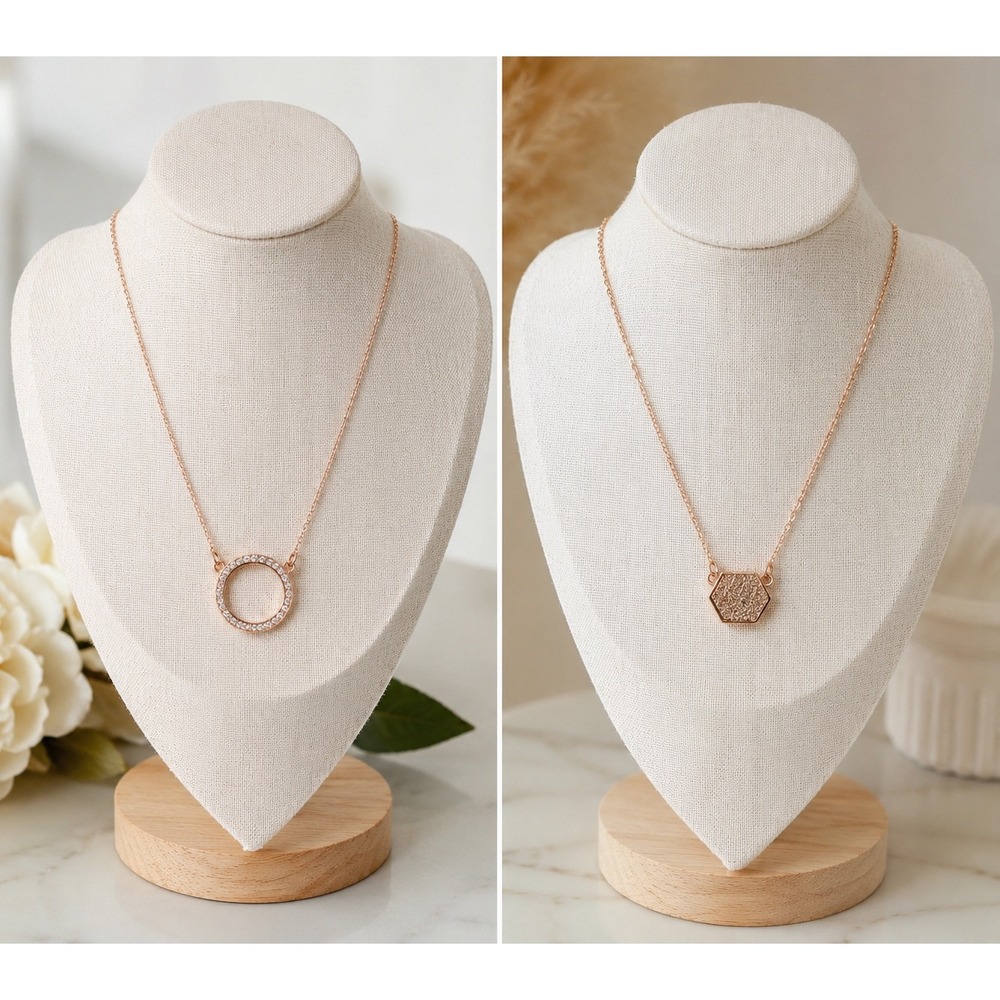 Rose Gold Tone‎ Necklace Set Crystal Circle and Textured Hexagon Pendants 2pc